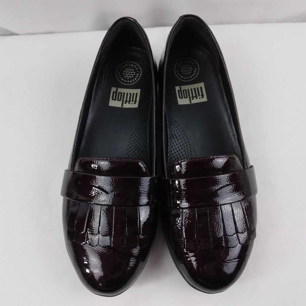FitFlop Burgundy Patent Leather Kiltie Loafers Slip Ons Casual Shoes Women's 6 - Picture 2 of 10